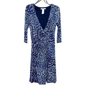 Laundry by Design Women's Black Blue Print 3/4 Sleeve Faux Wrap Dress 10